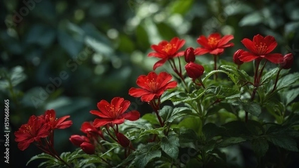 Fototapeta Cluster of vibrant red flowers stands out against backdrop of dark green foliage, illuminated by subtle light that highlights delicate textures of petals, leaves. Contrast between bright blooms.
