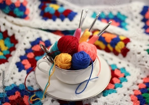 Fototapeta A cup and a saucer with clews balls of yarn wool and crocheted blanket handmade craft bright photo	
