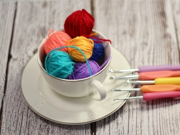 Fototapeta A cup and a saucer with clews balls of yarn wool and crocheted blanket handmade craft bright photo	