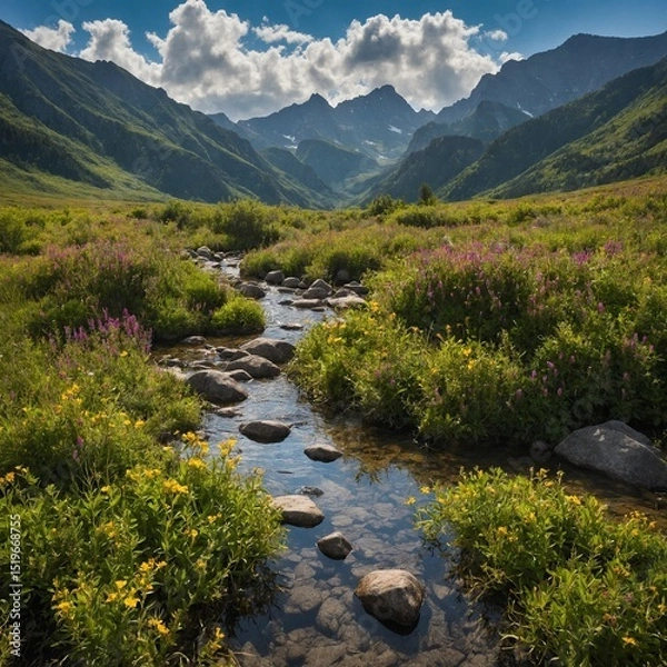 Fototapeta Mountain landscape unfolds with clear stream meandering through vibrant meadow dotted with wildflowers. Majestic mountains, their peaks shrouded in mist.