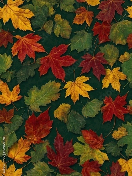 Fototapeta Vibrant collection of autumn leaves densely scattered across dark green background, creating rich tapestry of fall colors. Leaves vary in shades from bright yellow to deep red.