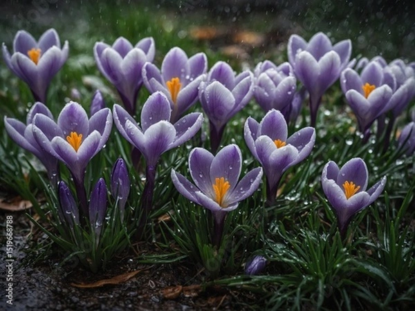 Fototapeta Cluster of purple crocuses emerges vibrantly from dark, wet soil amidst gentle rain, their petals adorned with delicate water droplets that glisten.