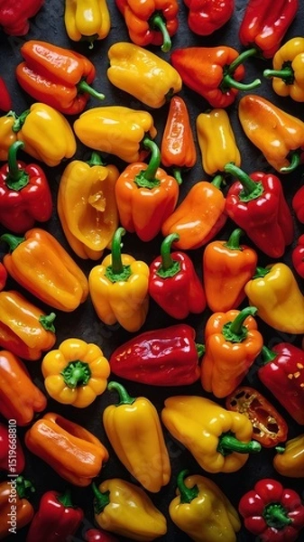 Fototapeta Variety of bell peppers in red, yellow, orange hues scattered across dark surface, creating vibrant contrast. Bell peppers at various angles, stages of being cut open, with seeds visible in some.