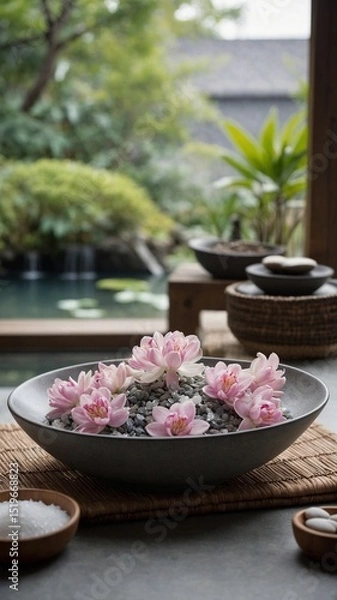 Fototapeta Outdoor setting features large, shallow bowl filled with water, small stones, several pink lotus flowers floating gracefully. Bowl rests on textured grey mat on wooden surface. In background.