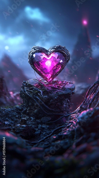 Obraz Glowing heart shaped gem resting on rocky landscape, radiating mystical energy and beauty