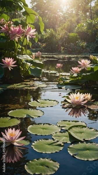 Fototapeta Pond adorned with multiple blooming pink lotus flowers, their broad green leaves, basking in sunlight filtering through surrounding foliage. Tranquil water reflects beauty above.