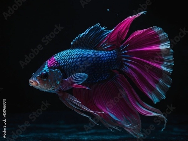 Fototapeta Vibrant betta fish, with iridescent blue scales, flowing magenta fins, captured mid-swim against dark background, highlighting contrast, delicate details of its fins. Image showcases natural beauty.
