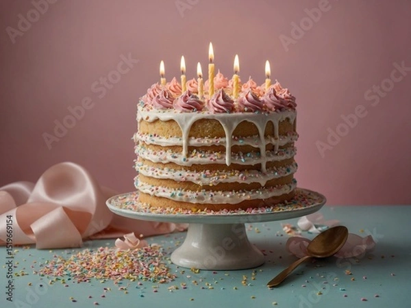 Fototapeta Three-tiered birthday cake with pink, white frosting stands on cake stand, adorned with lit candles on top. Cake decorated with drizzled icing.
