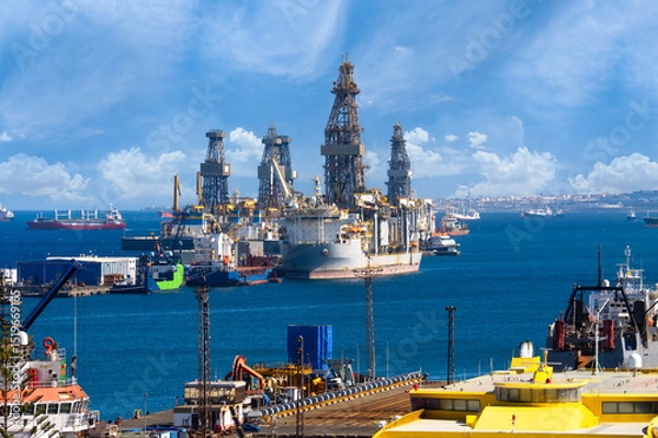 Fototapeta Panoramic view of the Astican shipyard in the port of Las Palmas with oil rigs, supply vessels and industrial port infrastructure on Gran Canaria