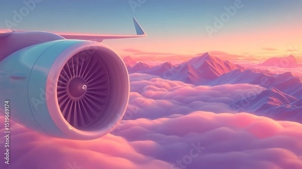 Obraz Airplane engine soars over a pastel pink cloudscape with distant mountains at sunset