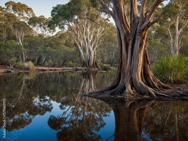 Fototapeta Landscape depicts calm body of water reflecting surrounding nature, with prominent tree featuring intricate root system at forefront. Reflection creates symmetrical image.