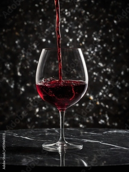 Fototapeta Red wine pours into glass, creating ripples, splash as it hits existing liquid. Glass sits on reflective surface with dark, speckled background that accentuates vibrant color of wine.