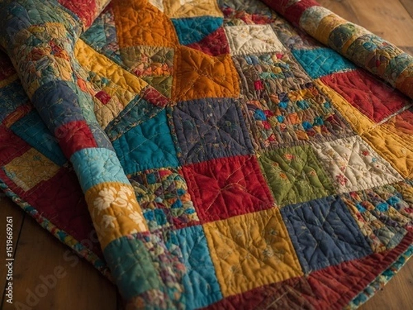 Fototapeta Colorful patchwork quilt spread out on wooden floor, showcasing array of patterns, hues in cozy display. Quilt features variety of square, rectangular patches, some with floral designs.