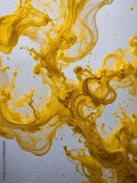 Fototapeta Vivid yellow paint swirls dynamically against neutral background, creating abstract, fluid art piece. Thick, viscous texture of paint evident as it curls, folds upon itself.