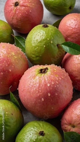 Fototapeta Group of fresh, dew-covered apples resting on surface. Apples, varying in shades from green to red, interspersed with vibrant green leaves, adding contrast, depth to composition.