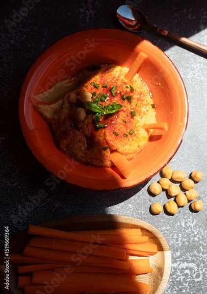 Fototapeta Hummus decorated with paprika, sesame, and basil served with carrot sticks and chickpeas