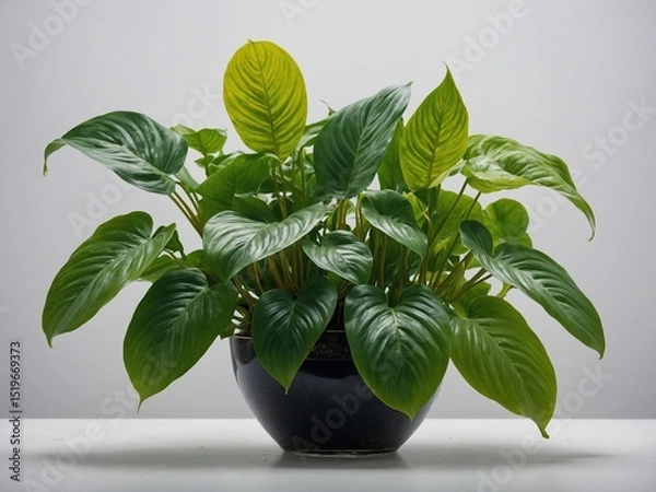 Fototapeta Vibrant green potted plant centered against plain, light background, with its lush leaves spreading outward, upward from dark, rounded pot that sits on flat surface.