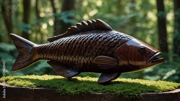 Fototapeta Wooden fish sculpture placed on moss-covered surface in forest setting, showcasing intricate craftsmanship with detailed scales, fins, open mouth as if in mid-motion.