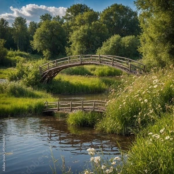 Fototapeta Wooden arched bridge spans across tranquil river, surrounded by lush greenery, wildflowers under clear blue sky with scattered clouds. Reflection of bridge on waters surface adds to serene atmosphere.