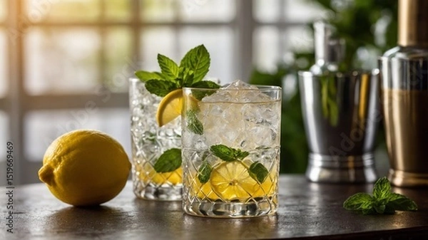 Fototapeta Two glasses filled with clear, bubbly liquid, ice cubes sit on wooden surface, garnished with fresh mint leaves, lemon slices. Sunlight filters through window in background.