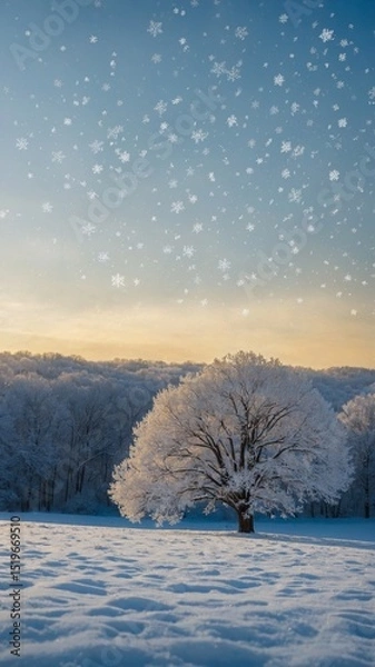 Fototapeta Solitary tree stands in center of snow-covered field, its branches heavy with frost against backdrop of forest, sky filled with snowflakes. Sun, low on horizon, bathes scene in warm glow.