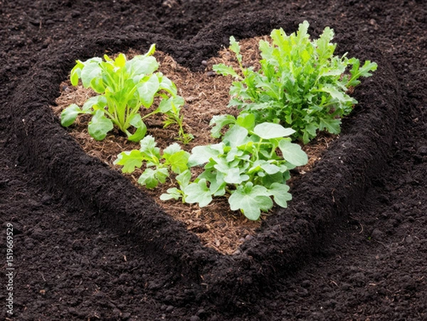 Obraz Heart shaped garden with vibrant soil and fresh greens, symbolizing love for nature