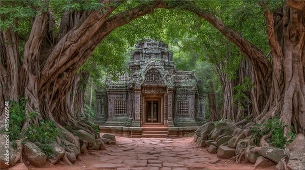 Obraz Ancient temple nestled between banyan trees in jungle, Ta Prohm, Siem Reap, Cambodia