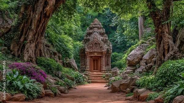 Obraz Ancient temple nestled in a lush forest with stone pathway and vibrant purple flowers
