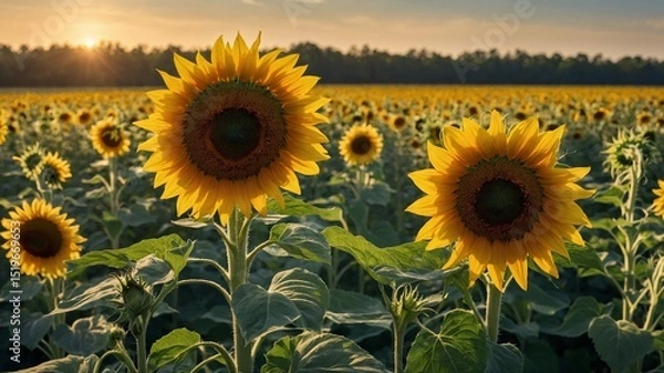 Fototapeta Vast field of sunflowers bathes in warm glow of setting sun, with horizon lined by trees under clear sky. Foreground features several prominent sunflowers in full bloom, their large.