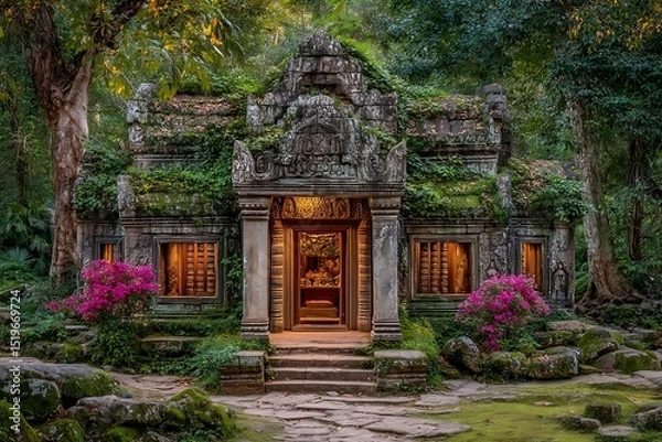Obraz Ancient temple ruins covered in lush greenery and moss in a dense jungle landscape