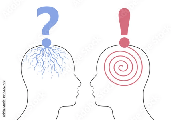 Fototapeta Doubting man and man with idea. Smart male character with question mark rooted in head. Memory and solution, searching and thinking concept. Unsatisfied serious worrying human. Person with solution