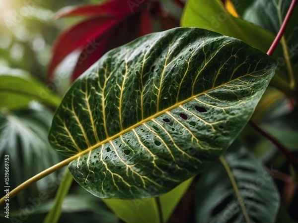 Fototapeta Leaf unfurls, revealing intricate veins that crisscross its surface. Sunlight filters through, casting shadows on textured green canvas.