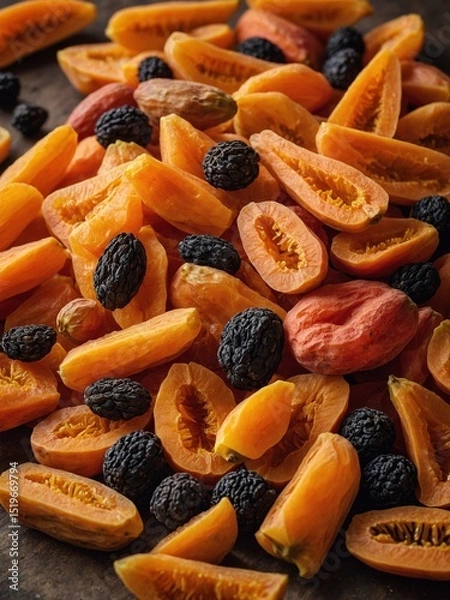 Fototapeta Image showcases variety of dried fruits scattered across surface, with focus on their textures, colors. Assortment includes apricots, raisins, dates.