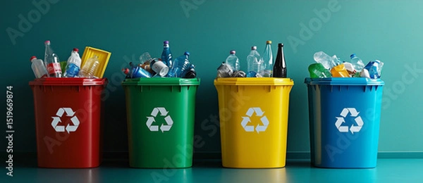 Fototapeta 4 colorful trash cans (red, green, yellow, blue) with different waste types in each and reyccling icon blue background