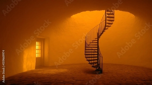 Obraz Architectural marvel spiral staircase inside a circular room with a sunlit window view