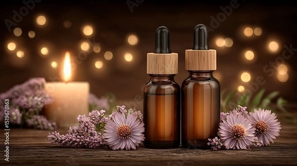 Obraz Aromatherapy essential oils with candle and flowers on wooden table for wellness