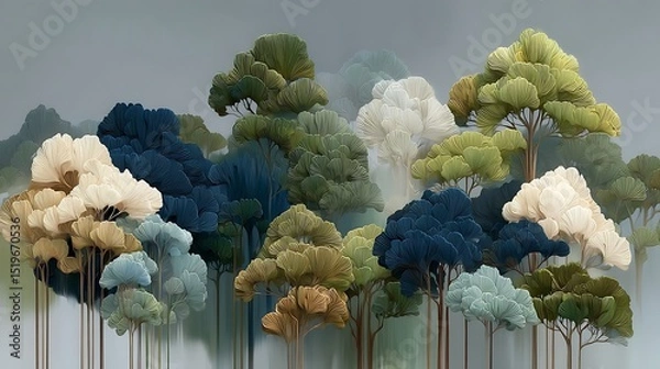 Obraz Artistic forest illustration featuring colorful trees with unique leaf patterns and textures