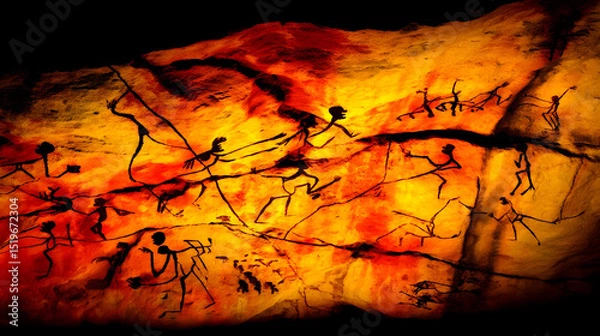 Obraz Ancient Cave Art Depicting Hunting Scenes and Human Activity