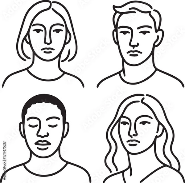 Fototapeta Create elegant black and white minimalist line art portraits of diverse people with clean lines and abstract expressions.