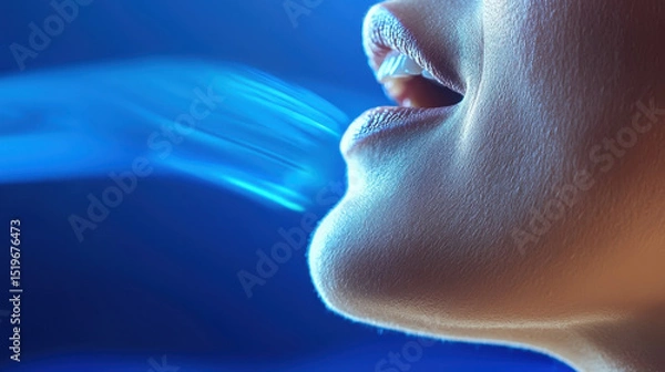 Fototapeta Close up of person mouth emitting sound waves, creating sense of emotion and connection in vibrant blue atmosphere