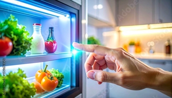 Obraz A hand interacts with the touchscreen of a smart refrigerator, surrounded by fresh produce and glowing interface lights in a modern kitchen, IoT technology.