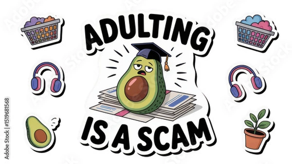Fototapeta Sad avocado wearing a graduation cap sits on a pile of mail, surrounded by stickers like a laundry basket, headphones, and a plant, with the text adulting is a scam