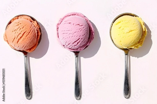 Obraz Three Bright Ice Cream Scoops on Spoons Against Pink Background