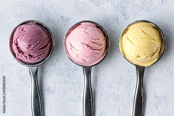 Obraz Trio of Vibrant Ice Cream Scoops on Silver Spoons Over Marble