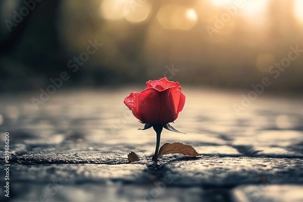 Obraz Red Rose Growing from Cracked Pavement under Dramatic Light
