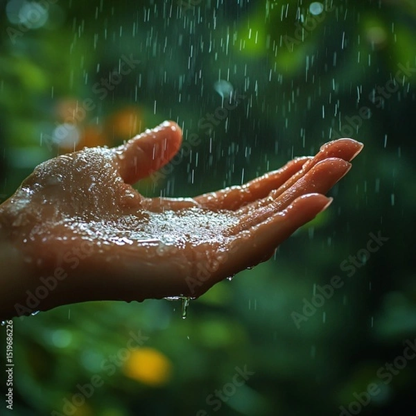 Obraz Open Hand Reaching into Falling Rain with Green Blur Background