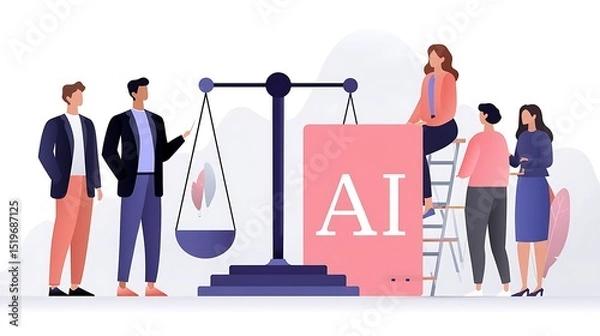 Obraz Illustration of Artificial Intelligence and Legal Balance Concept with People Engaging in Discussion