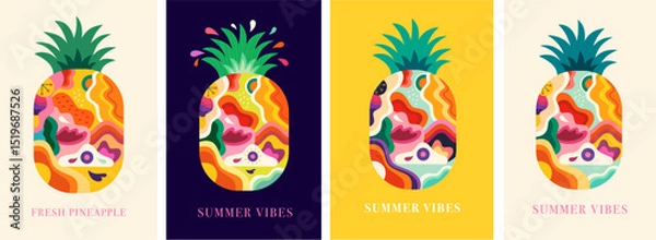 Fototapeta Decorative vector illustrations with colourful Pineapples fruits. Summer bright cover design.
