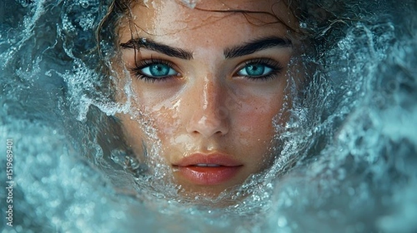 Fototapeta A woman s face dissolving into ocean waves