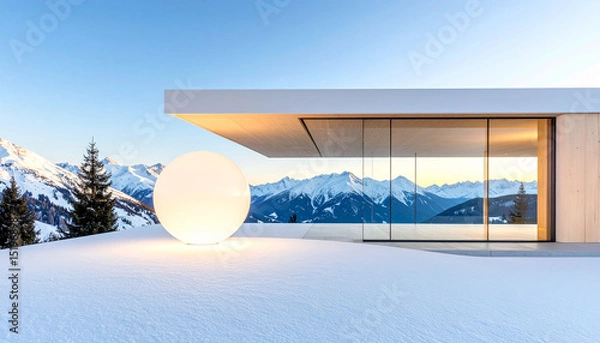 Fototapeta a modern architectural structure in a snowy landscape with majestic mountain views.